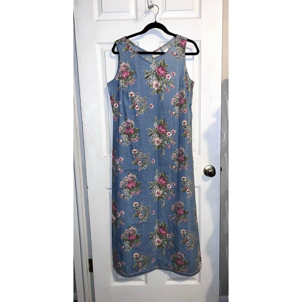 LIZ CLAIBORNE Y2K Jean Jumper Light Blue Pink Roses Cottagecore Dress Sz 10 - Picture 2 of 15